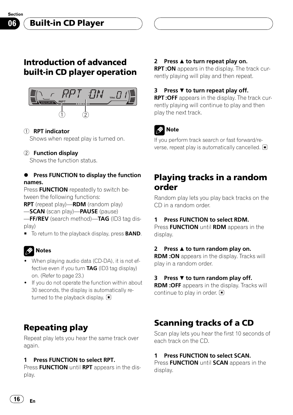 Introduction of advanced built-in cd player, Operation 16, Repeating play | Playing tracks in a random order, Scanning tracks of a cd, Built-in cd player | Pioneer DEH-P3500MP User Manual | Page 16 / 92
