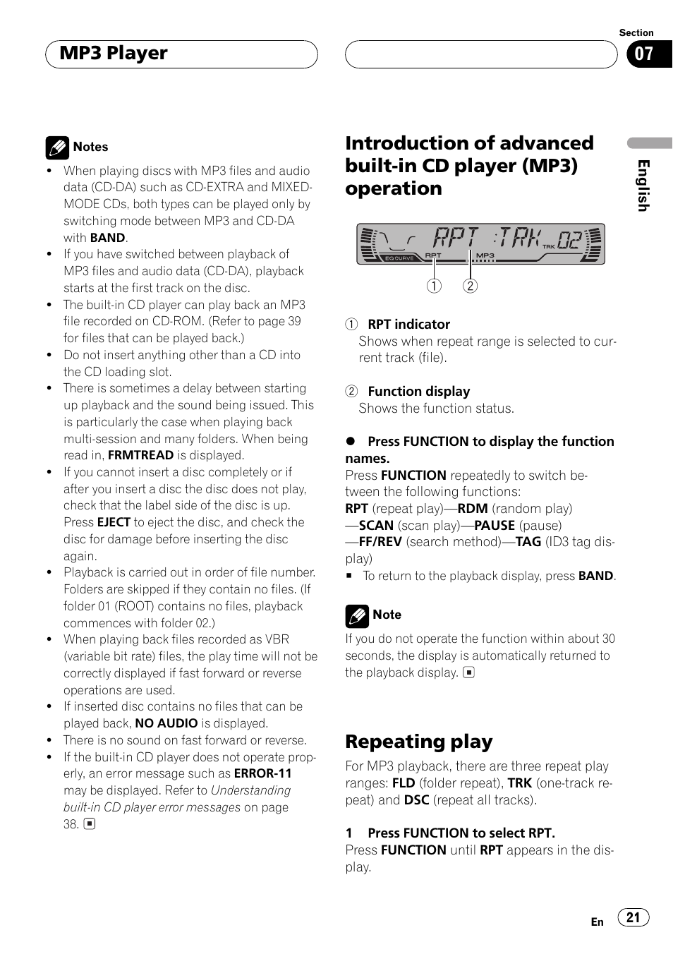 Introduction of advanced built-in cd player, Mp3) operation 21, Repeating play 21 | Repeating play, Mp3 player | Pioneer DEH-P3500MP User Manual | Page 21 / 92