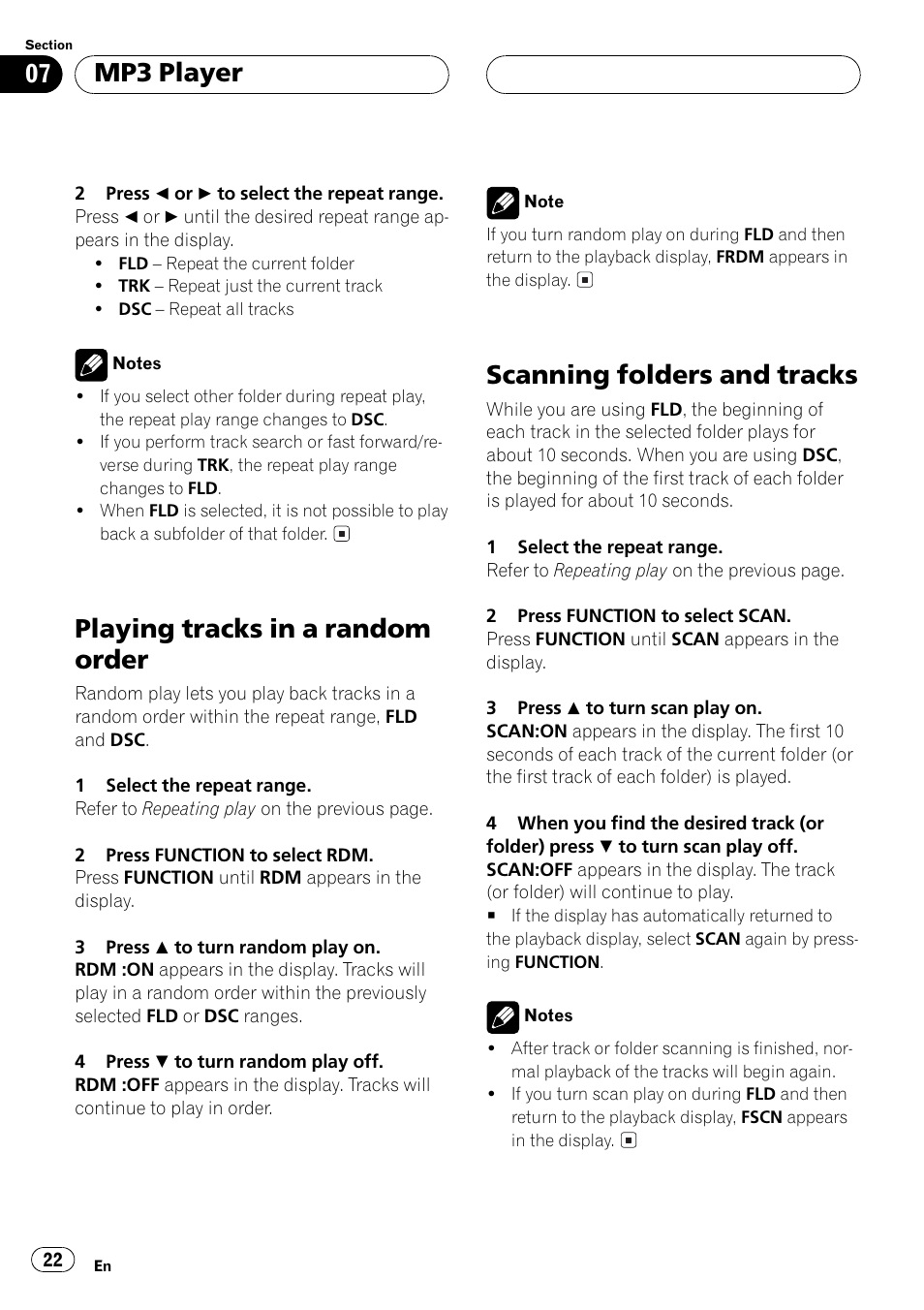 Playing tracks in a random order, Scanning folders and tracks, Mp3 player | Pioneer DEH-P3500MP User Manual | Page 22 / 92