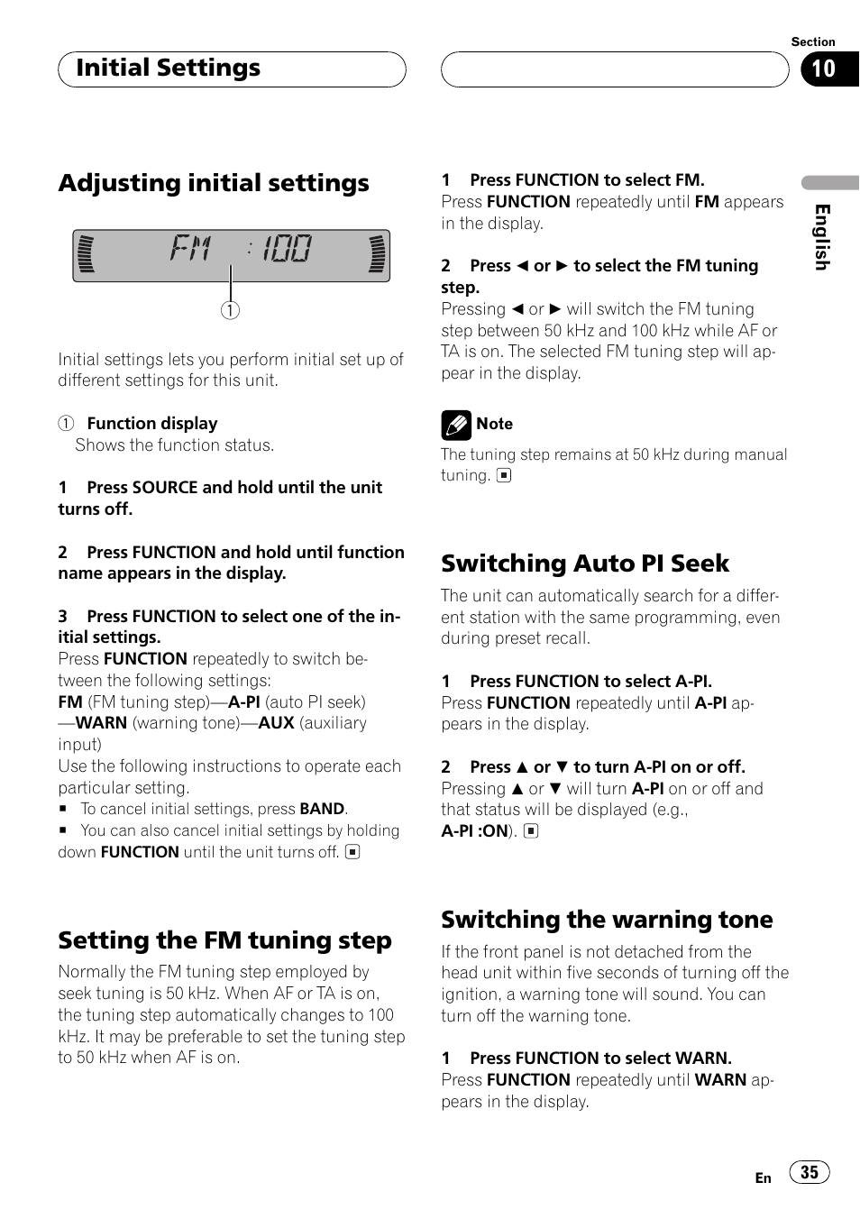 Adjusting initial settings, Setting the fm tuning step, Switching auto pi seek | Switching the warning tone, Initial settings | Pioneer DEH-P3500MP User Manual | Page 35 / 92