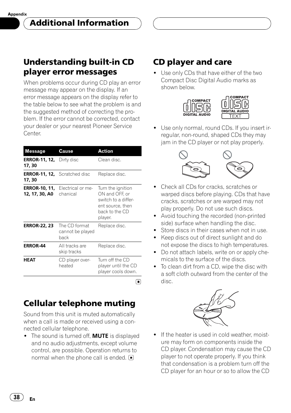 Messages 38, Cellular telephone muting 38 cd player and care 38, Understanding built-in cd player error messages | Cellular telephone muting, Cd player and care, Additional information | Pioneer DEH-P3500MP User Manual | Page 38 / 92