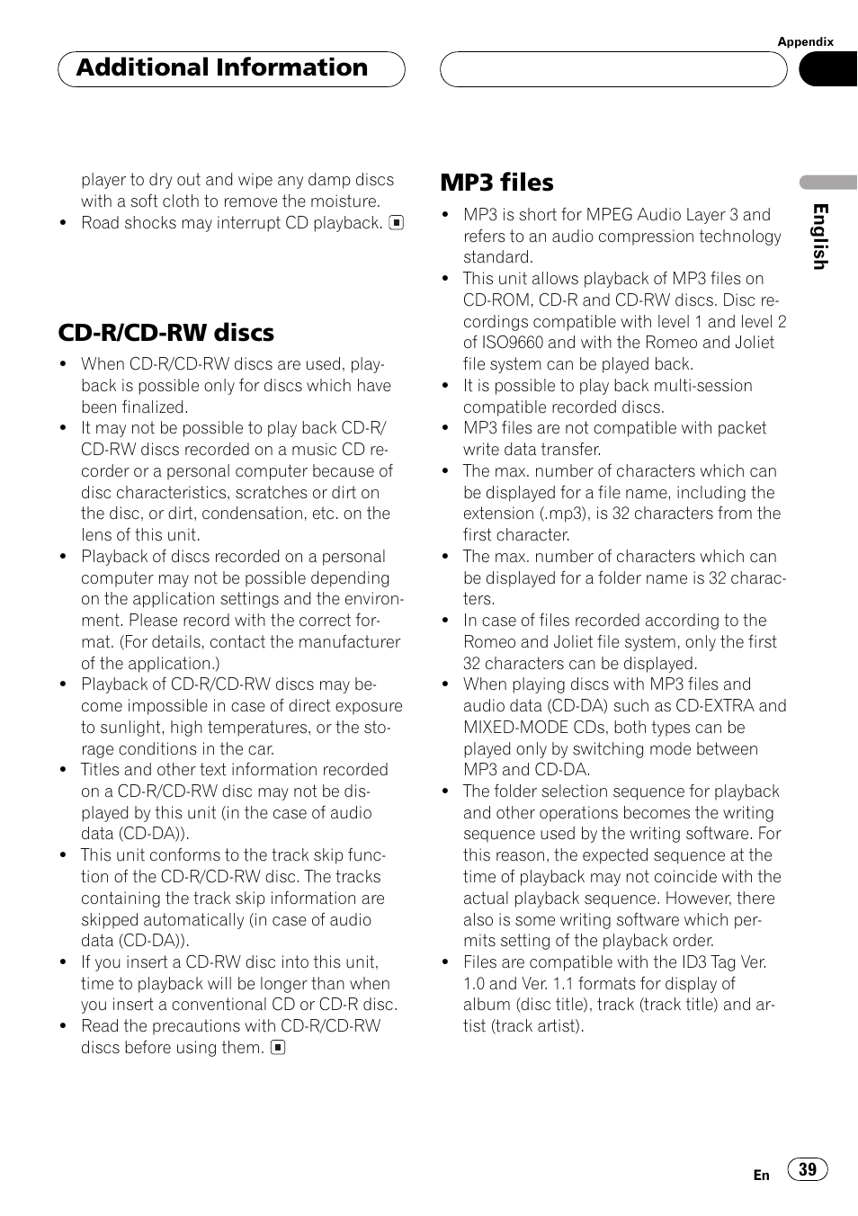 Cd-r/cd-rw discs 39 mp3 files 39, Cd-r/cd-rw discs, Mp3 files | Additional information | Pioneer DEH-P3500MP User Manual | Page 39 / 92