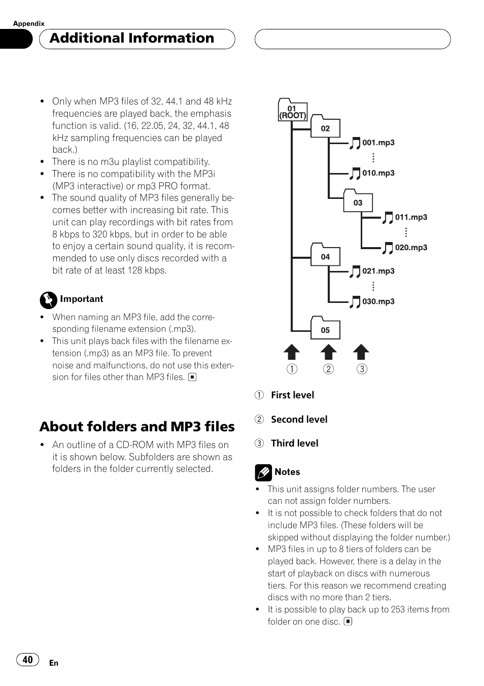 About folders and mp3 files 40, About folders and mp3 files, Additional information | Pioneer DEH-P3500MP User Manual | Page 40 / 92