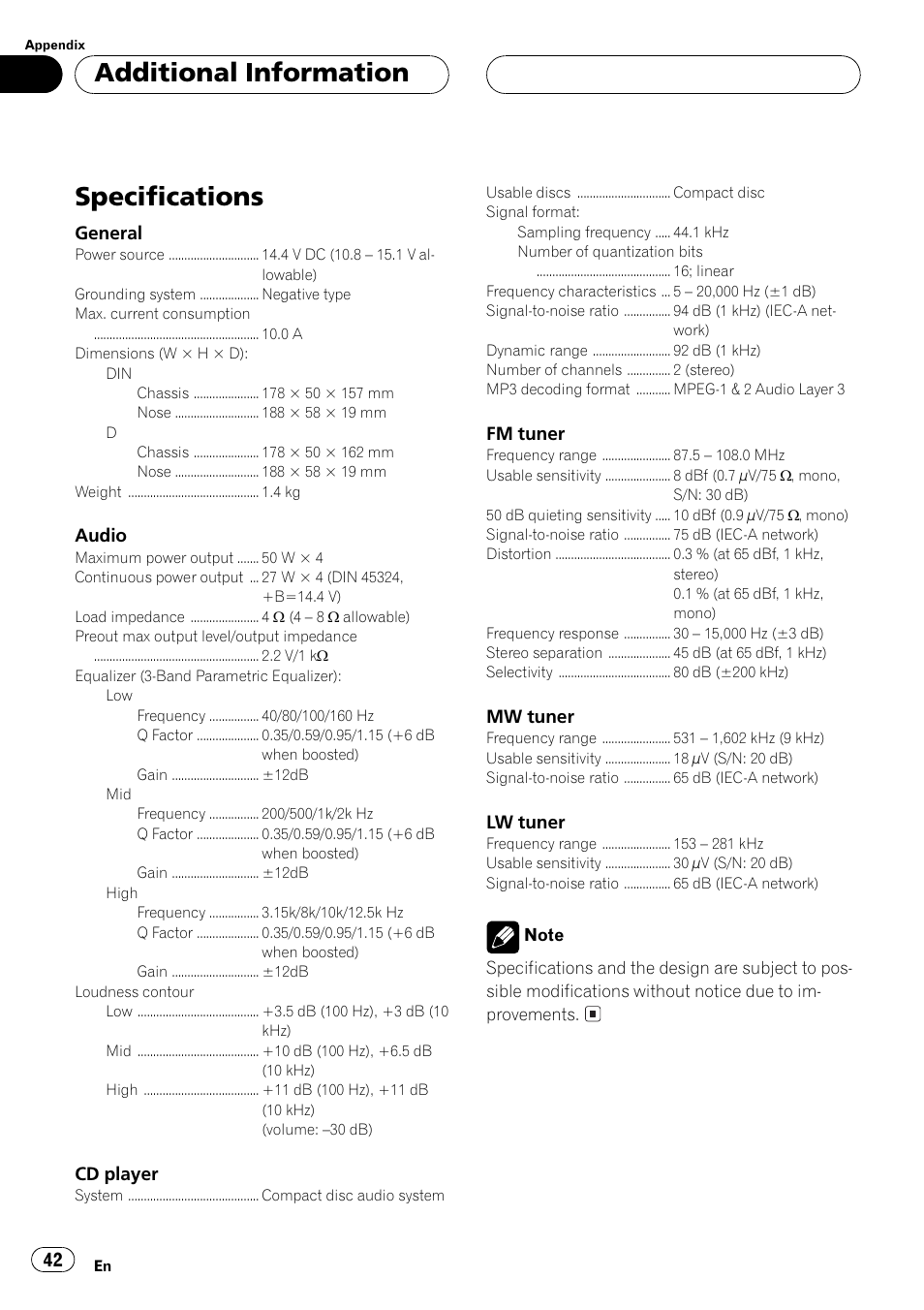 Specifications 42, Specifications, Additional information | Pioneer DEH-P3500MP User Manual | Page 42 / 92