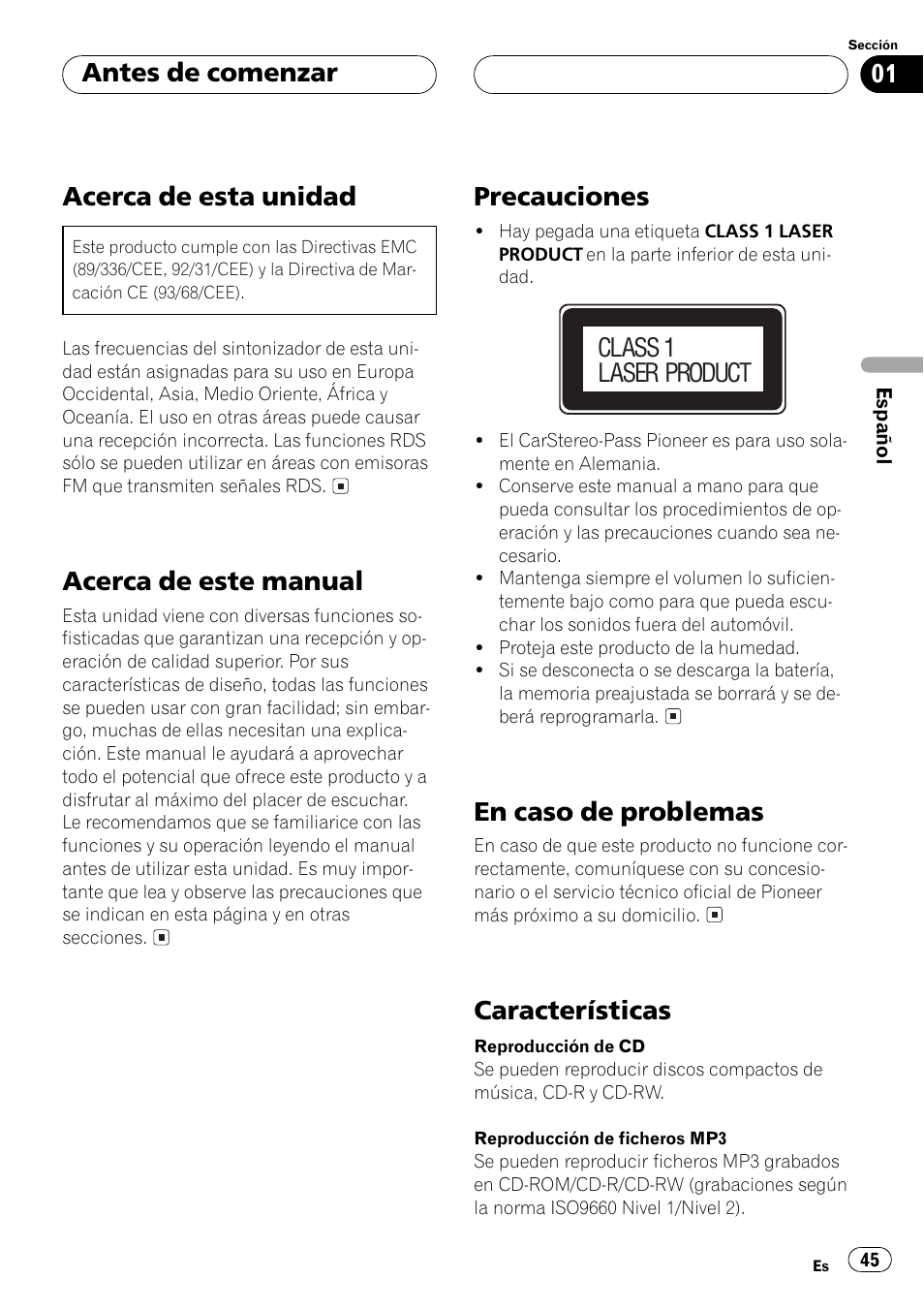 Acerca de esta unidad, Acerca de este manual, Precauciones | En caso de problemas, Características, Antes de comenzar, Class 1 laser product | Pioneer DEH-P3500MP User Manual | Page 45 / 92