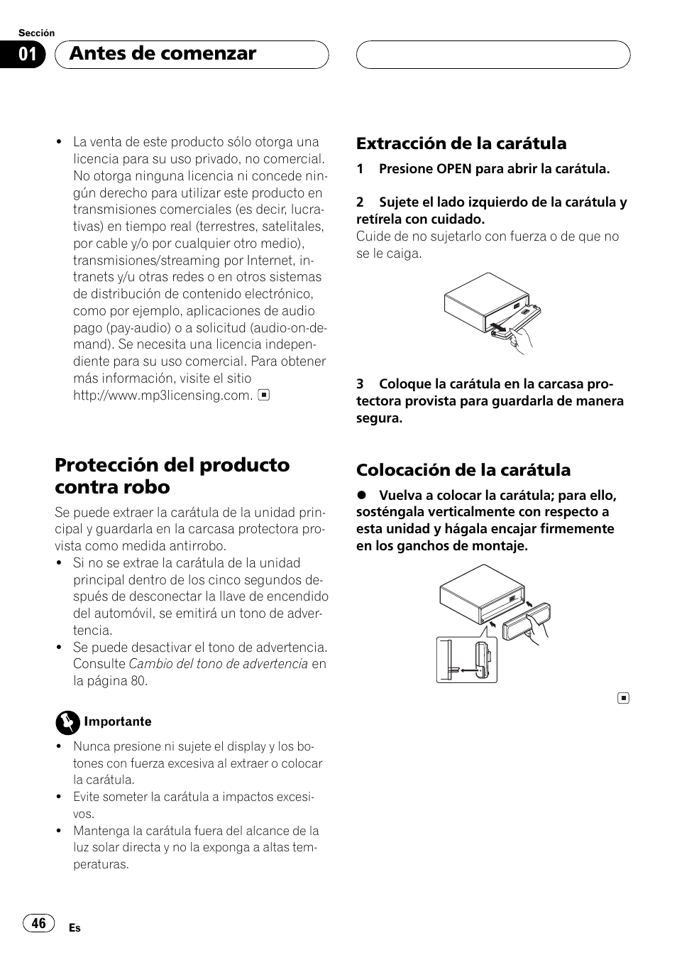 Protección del producto contra robo 46, Extracción de la carátula 46, Colocación de la carátula 46 | Protección del producto contra robo, Antes de comenzar | Pioneer DEH-P3500MP User Manual | Page 46 / 92