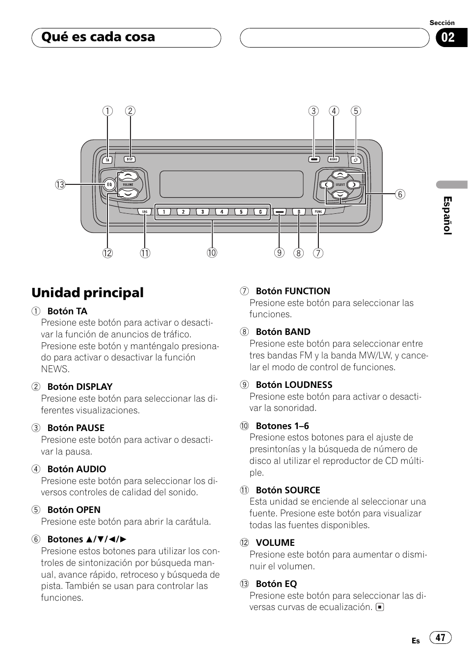 Qué es cada cosa unidad principal 47, Unidad principal, Qué es cada cosa | Pioneer DEH-P3500MP User Manual | Page 47 / 92