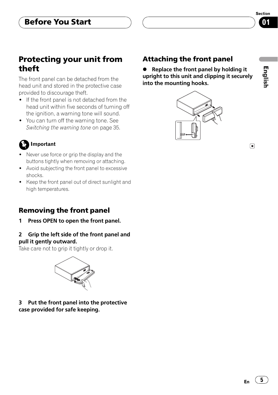 Protecting your unit from theft 5, Removing the front panel 5, Attaching the front panel 5 | Protecting your unit from theft, Before you start | Pioneer DEH-P3500MP User Manual | Page 5 / 92