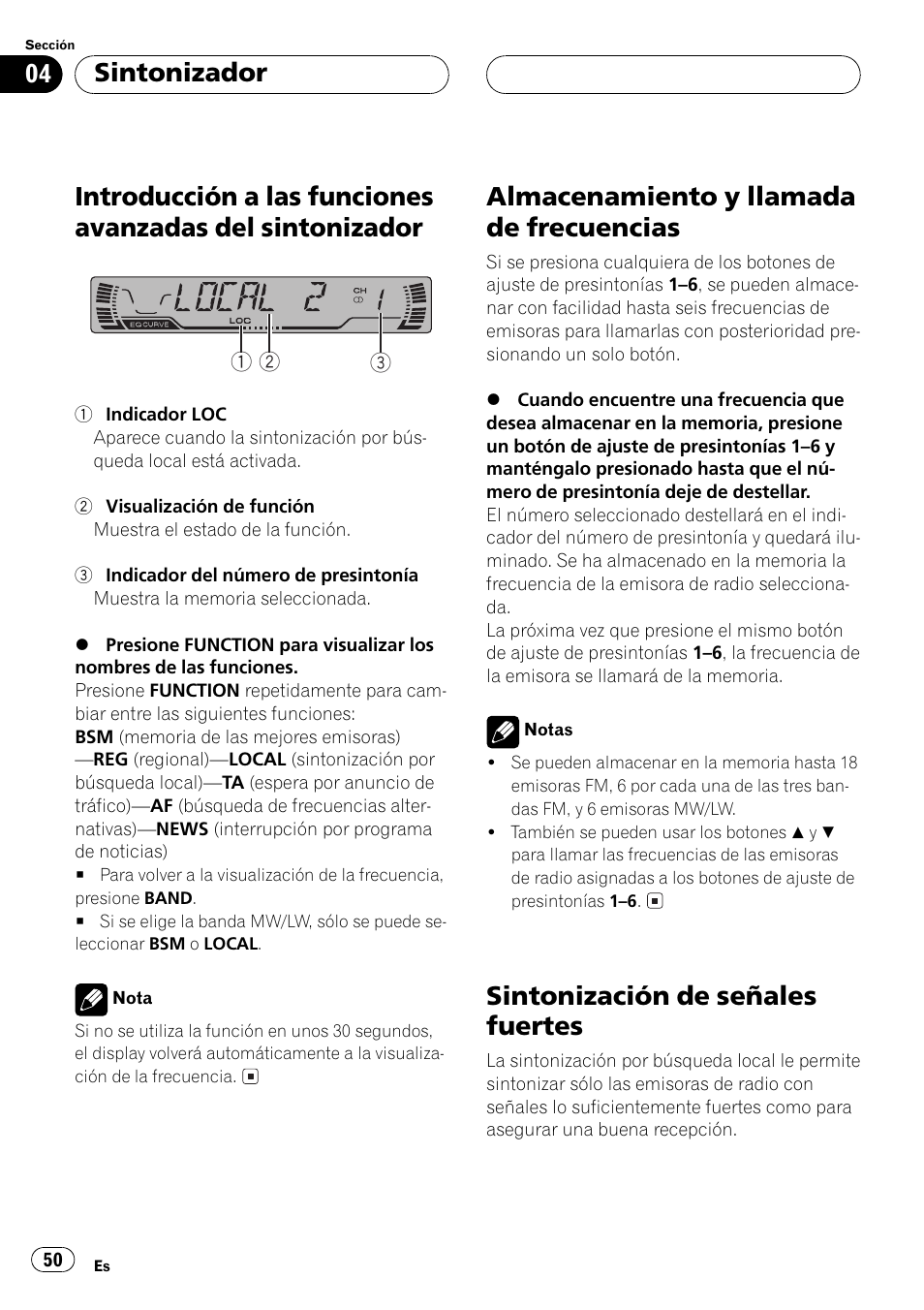 Introducción a las funciones avanzadas del, Sintonizador 50, Almacenamiento y llamada de | Frecuencias 50, Sintonización de señales fuertes 50, Guiente, Almacenamiento y llamada de frecuencias, Sintonización de señales fuertes, Sintonizador | Pioneer DEH-P3500MP User Manual | Page 50 / 92