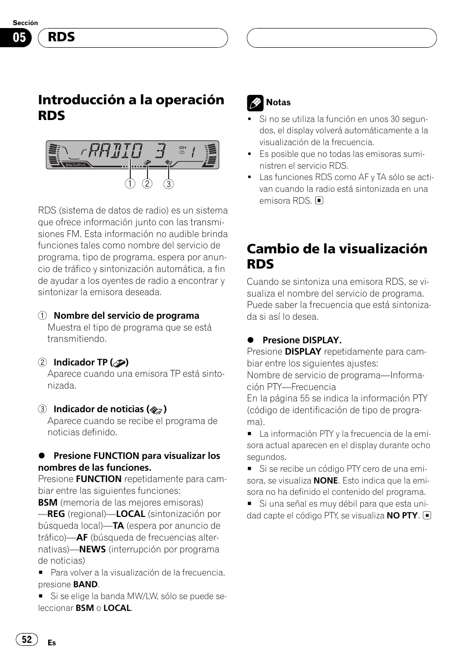 Introducción a la operación rds, Cambio de la visualización rds | Pioneer DEH-P3500MP User Manual | Page 52 / 92