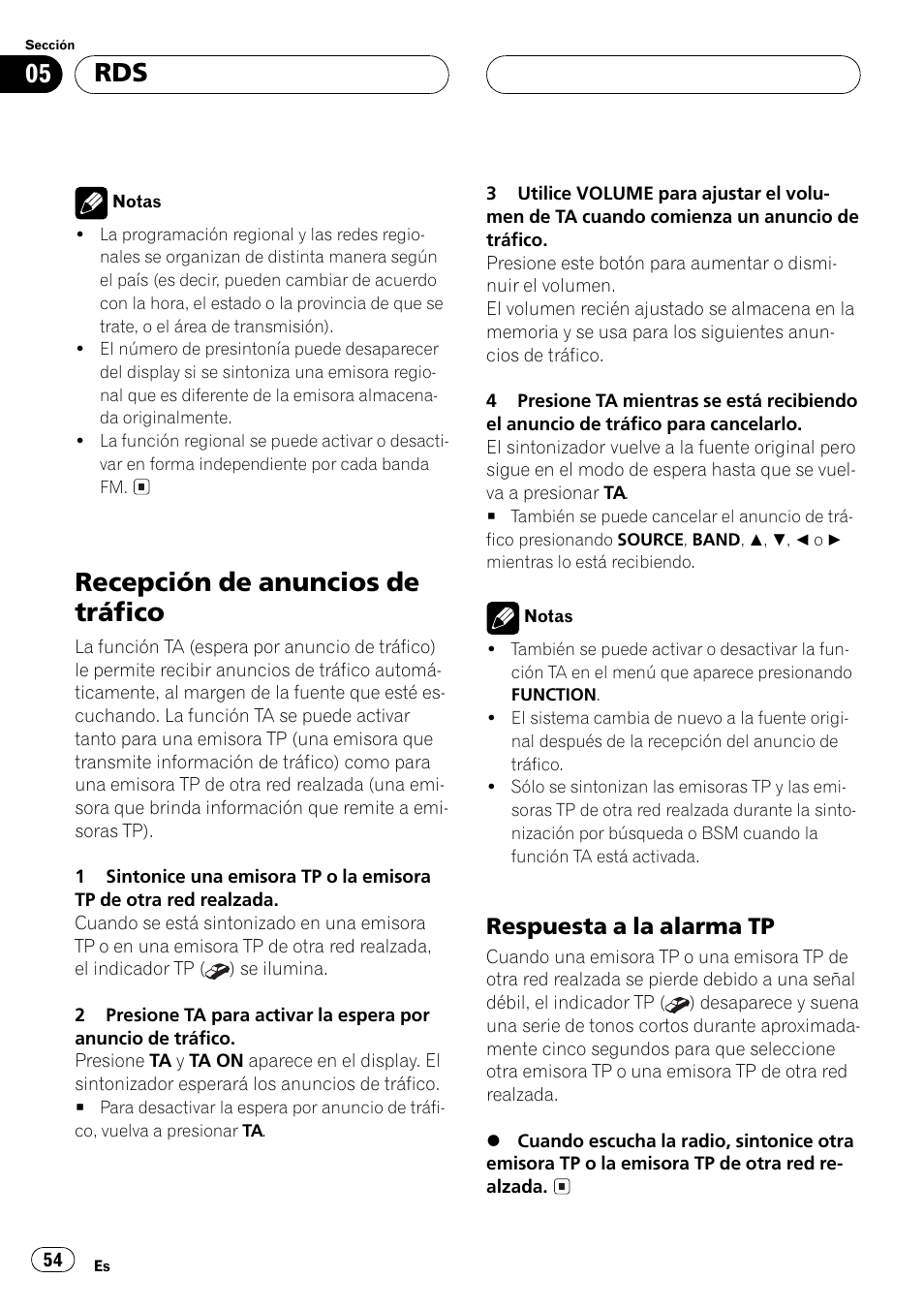 Recepción de anuncios de tráfico 54, Respuesta a la alarma tp 54, Recepción de anuncios de tráfico | Respuesta a la alarma tp | Pioneer DEH-P3500MP User Manual | Page 54 / 92