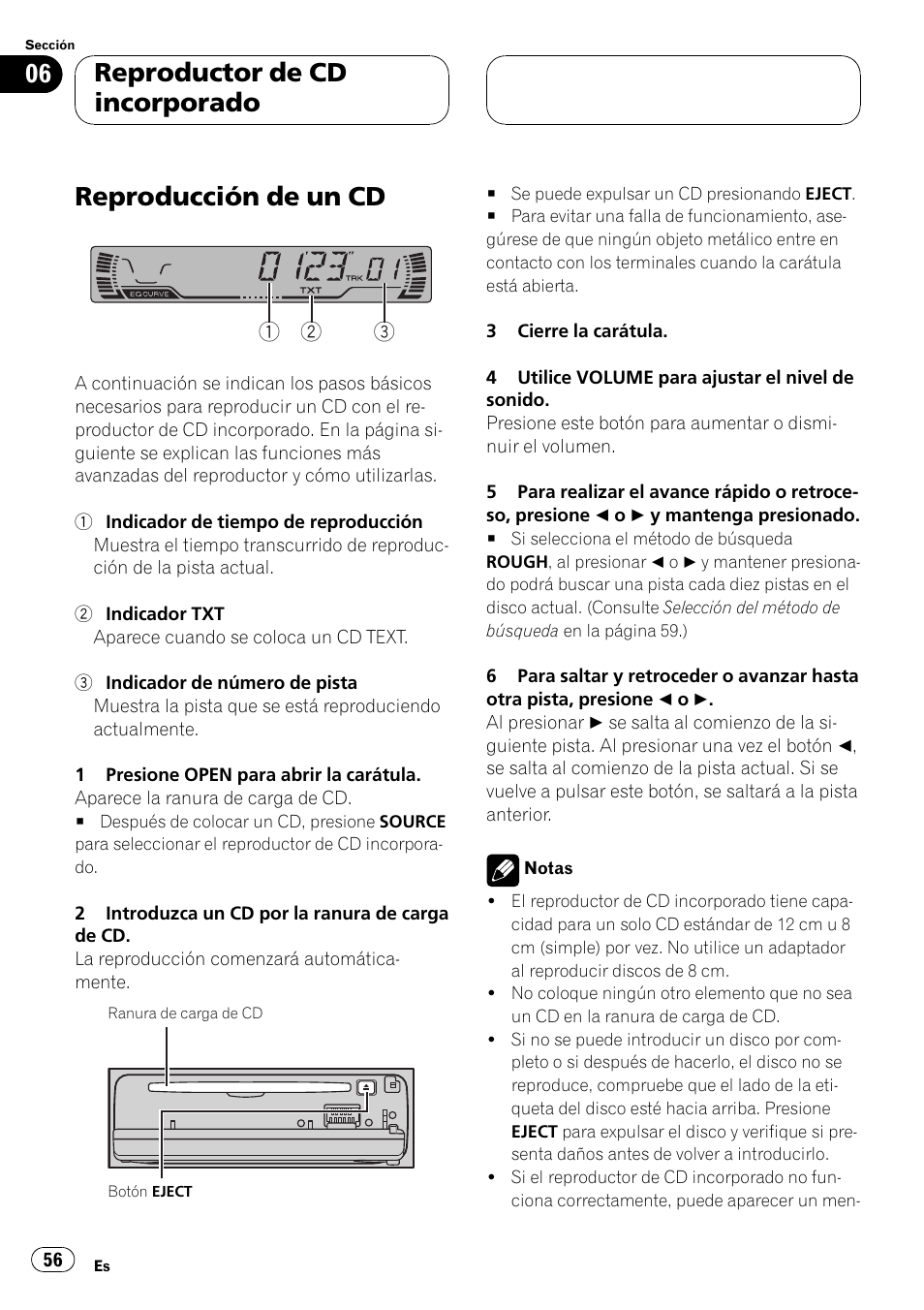 Reproducción de un cd, Reproductor de cd incorporado | Pioneer DEH-P3500MP User Manual | Page 56 / 92