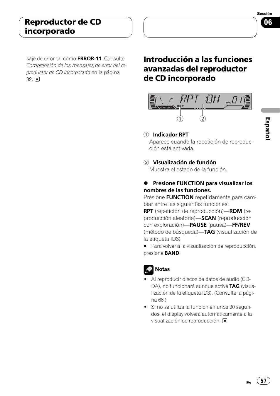 Introducción a las funciones avanzadas del, Reproductor de cd incorporado 57, Reproductor de cd incorporado | Pioneer DEH-P3500MP User Manual | Page 57 / 92