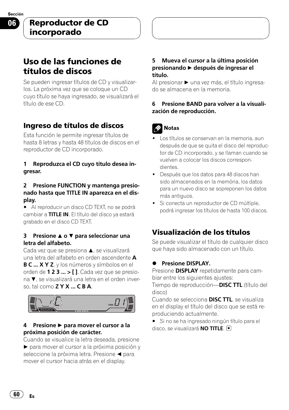 Uso de las funciones de títulos de discos 60, Ingreso de títulos de discos 60, Visualización de los títulos 60 | Uso de las funciones de títulos de discos, Reproductor de cd incorporado | Pioneer DEH-P3500MP User Manual | Page 60 / 92
