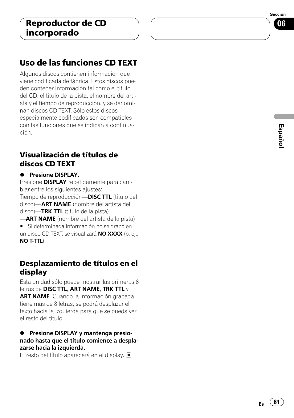 Uso de las funciones cd text 61, Visualización de títulos de discos cd, Text 61 | Desplazamiento de títulos en el, Display 61, Uso de las funciones cd text, Reproductor de cd incorporado | Pioneer DEH-P3500MP User Manual | Page 61 / 92