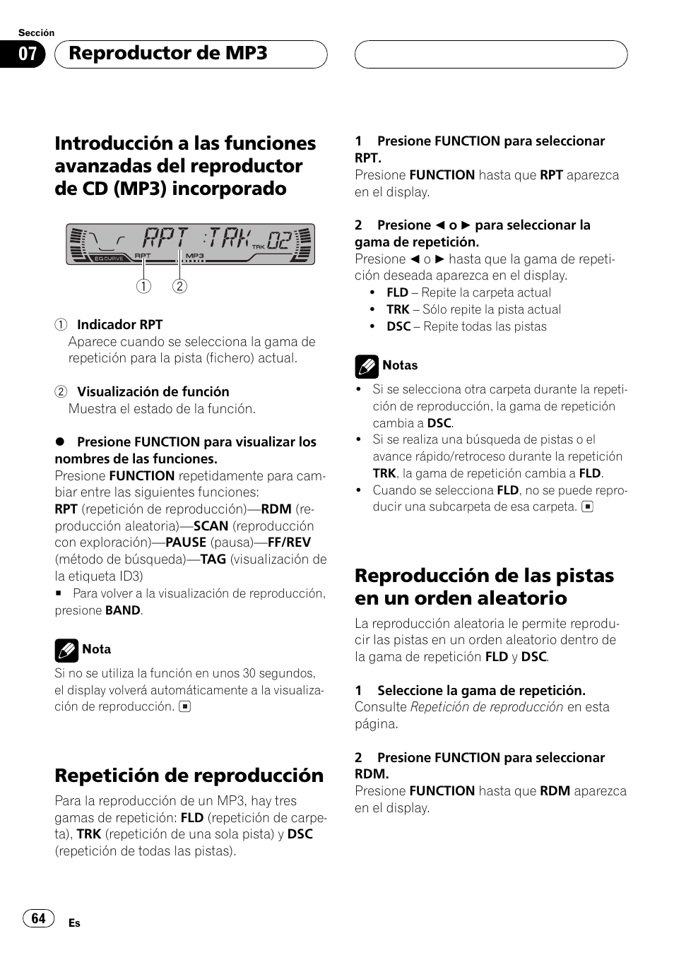 Introducción a las funciones avanzadas del, Reproductor de cd (mp3) incorporado 64, Aleatorio 64 | Repetición de reproducción, Reproducción de las pistas en un orden aleatorio, Reproductor de mp3 | Pioneer DEH-P3500MP User Manual | Page 64 / 92
