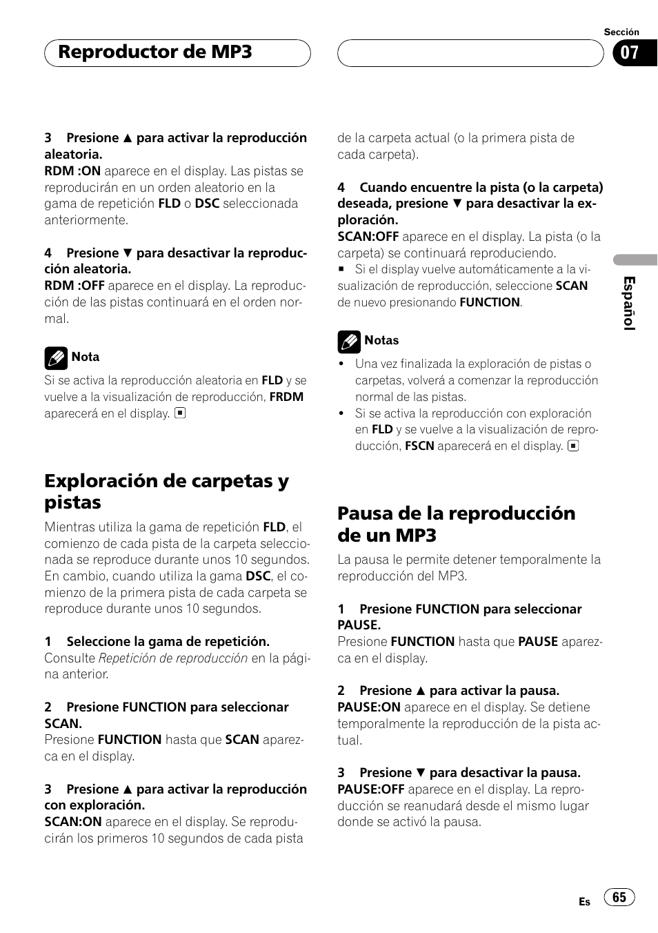 Exploración de carpetas y pistas, Pausa de la reproducción de un mp3, Reproductor de mp3 | Pioneer DEH-P3500MP User Manual | Page 65 / 92