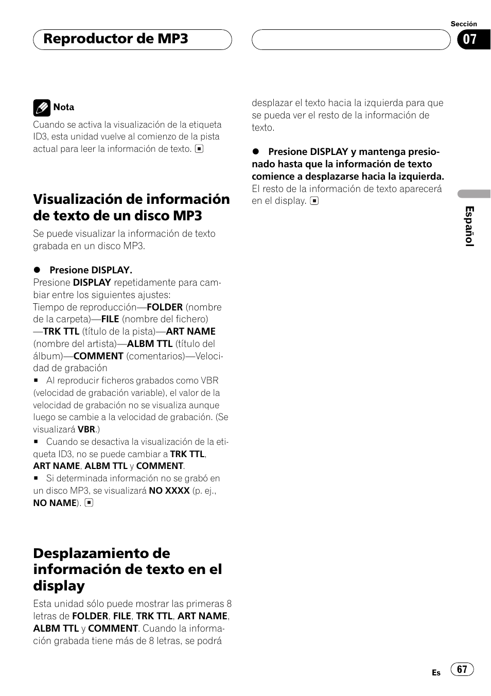 Visualización de información de texto de un, Disco mp3 67, Desplazamiento de información de texto en | El display 67, Reproductor de mp3 | Pioneer DEH-P3500MP User Manual | Page 67 / 92