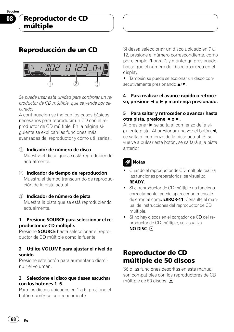 Discos 68, Reproducción de un cd, Reproductor de cd múltiple de 50 discos | Reproductor de cd múltiple | Pioneer DEH-P3500MP User Manual | Page 68 / 92