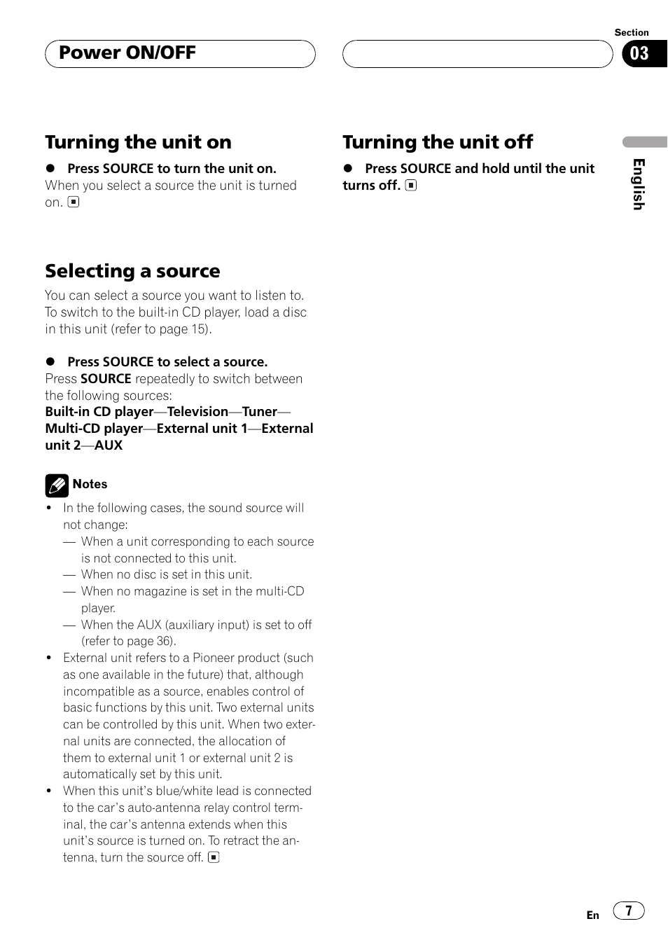 Turning the unit on, Selecting a source, Turning the unit off | Power on/off | Pioneer DEH-P3500MP User Manual | Page 7 / 92