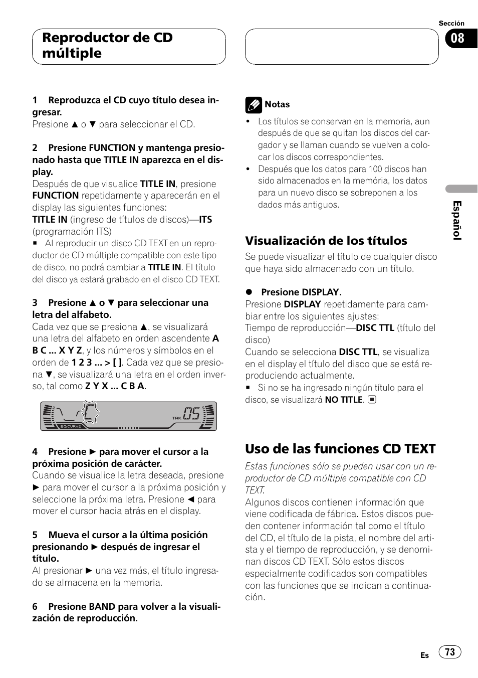Visualización de los títulos 73, Uso de las funciones cd text 73, Uso de las funciones cd text | Reproductor de cd múltiple, Visualización de los títulos | Pioneer DEH-P3500MP User Manual | Page 73 / 92