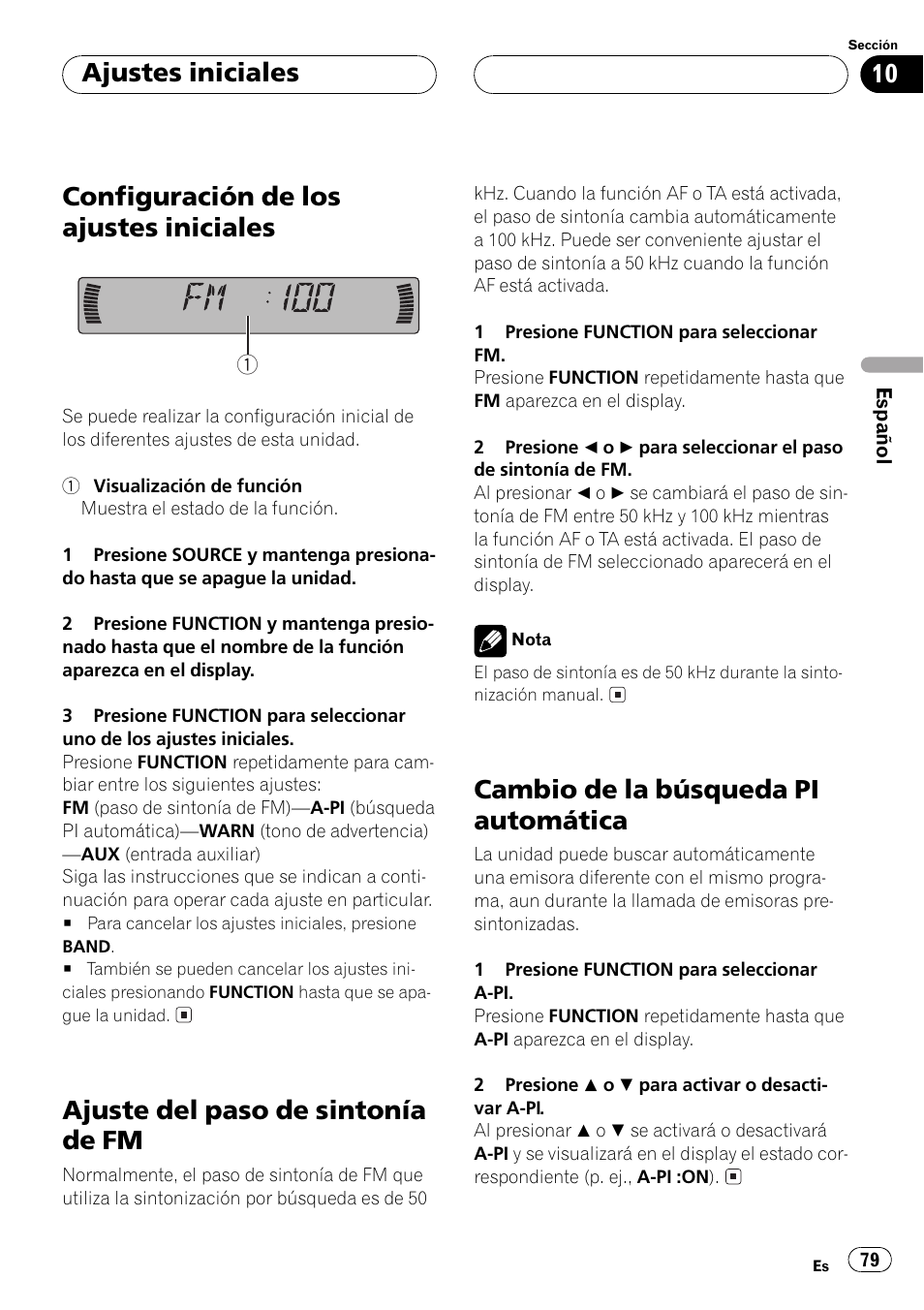 Configuración de los ajustes iniciales, Ajuste del paso de sintonía de fm, Cambio de la búsqueda pi automática | Ajustes iniciales | Pioneer DEH-P3500MP User Manual | Page 79 / 92
