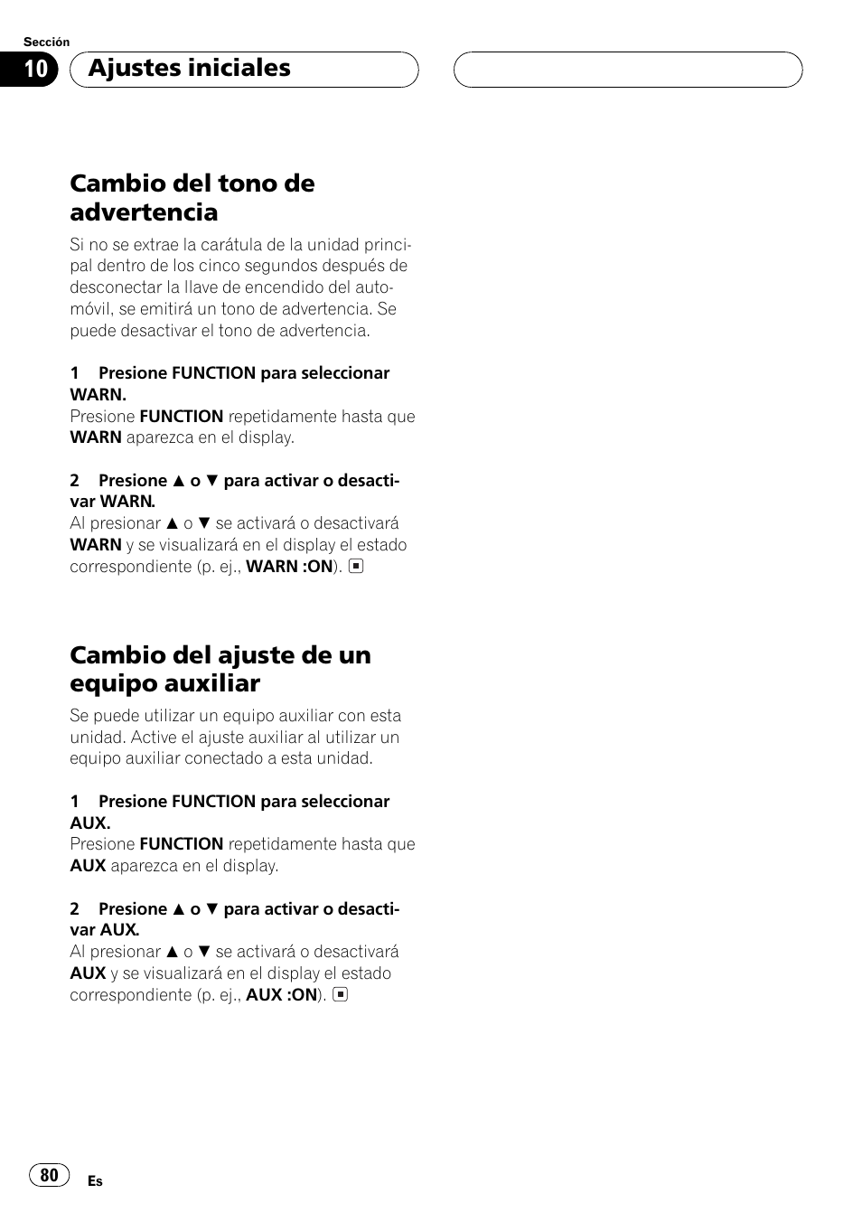 Cambio del tono de advertencia, Cambio del ajuste de un equipo auxiliar, Ajustes iniciales | Pioneer DEH-P3500MP User Manual | Page 80 / 92