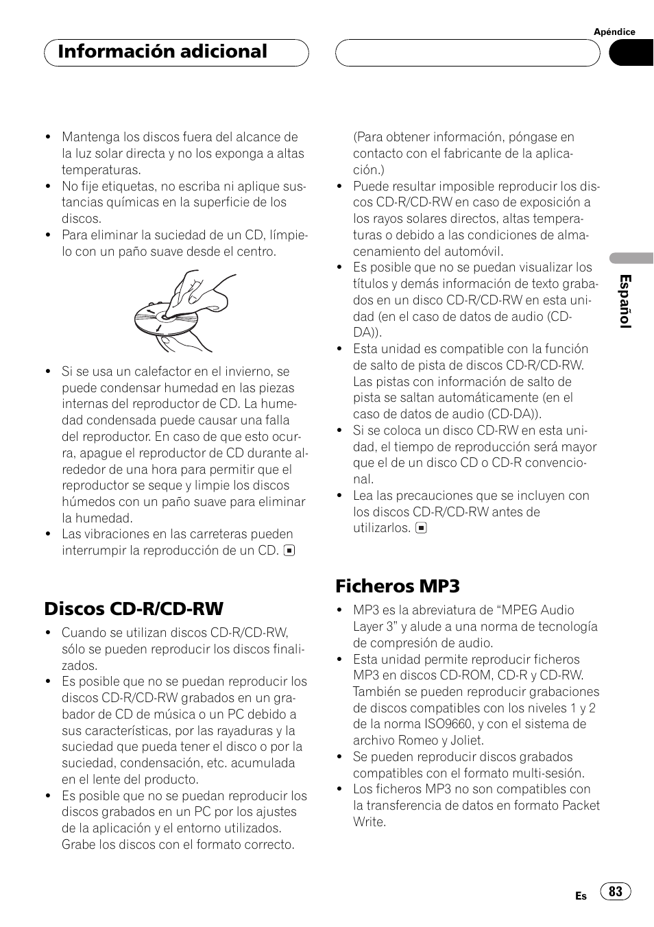 Discos cd-r/cd-rw 83 ficheros mp3 83, Discos cd-r/cd-rw, Ficheros mp3 | Información adicional | Pioneer DEH-P3500MP User Manual | Page 83 / 92