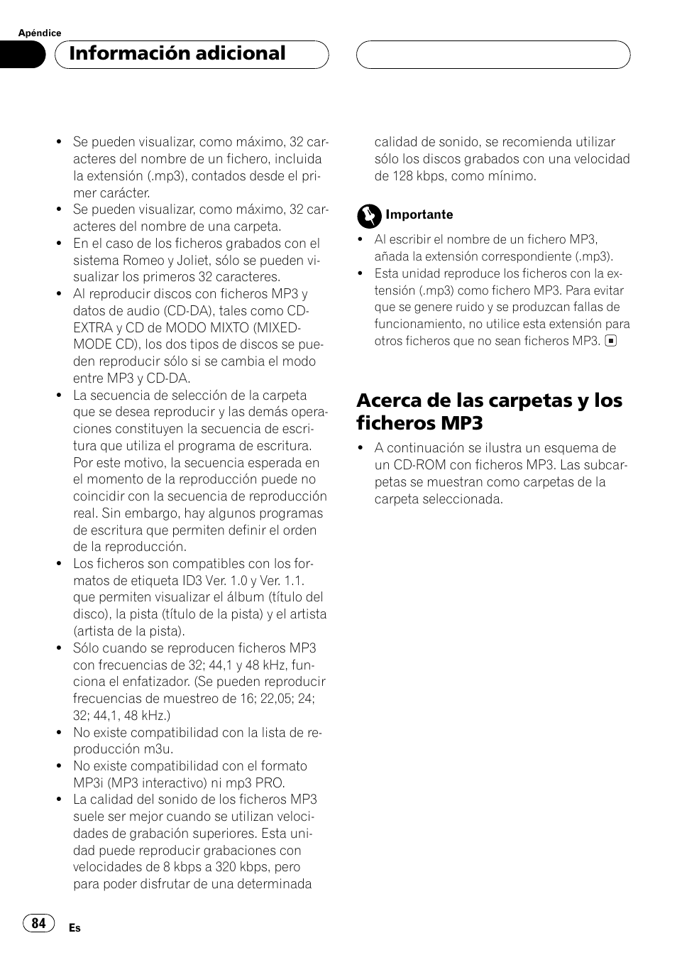 Acerca de las carpetas y los ficheros, Mp3 84, Acerca de las carpetas y los ficheros mp3 | Información adicional | Pioneer DEH-P3500MP User Manual | Page 84 / 92