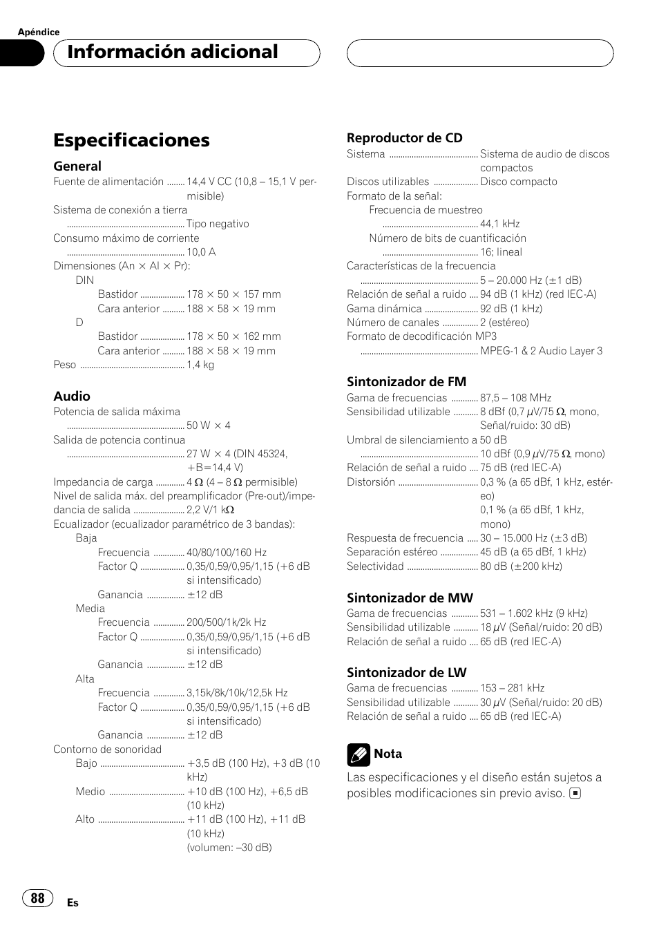 Especificaciones 88, Especificaciones, Información adicional | Pioneer DEH-P3500MP User Manual | Page 88 / 92