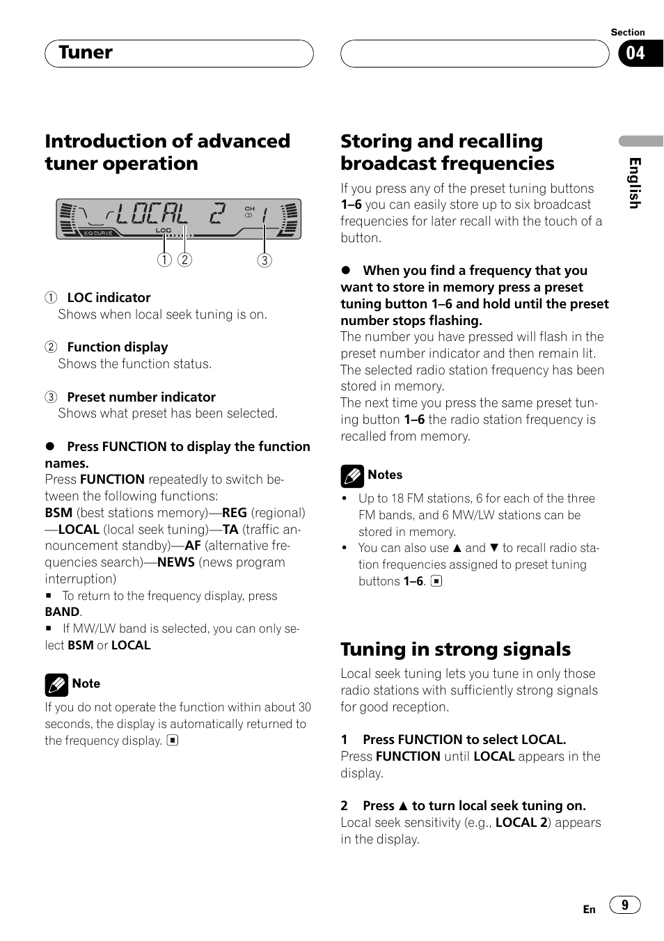 Frequencies 9, Tuning in strong signals 9, Introduction of advanced tuner operation | Storing and recalling broadcast frequencies, Tuning in strong signals, Tuner | Pioneer DEH-P3500MP User Manual | Page 9 / 92