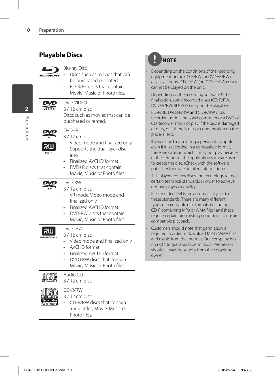 Playable discs | Pioneer BCS-FS505 User Manual | Page 10 / 76