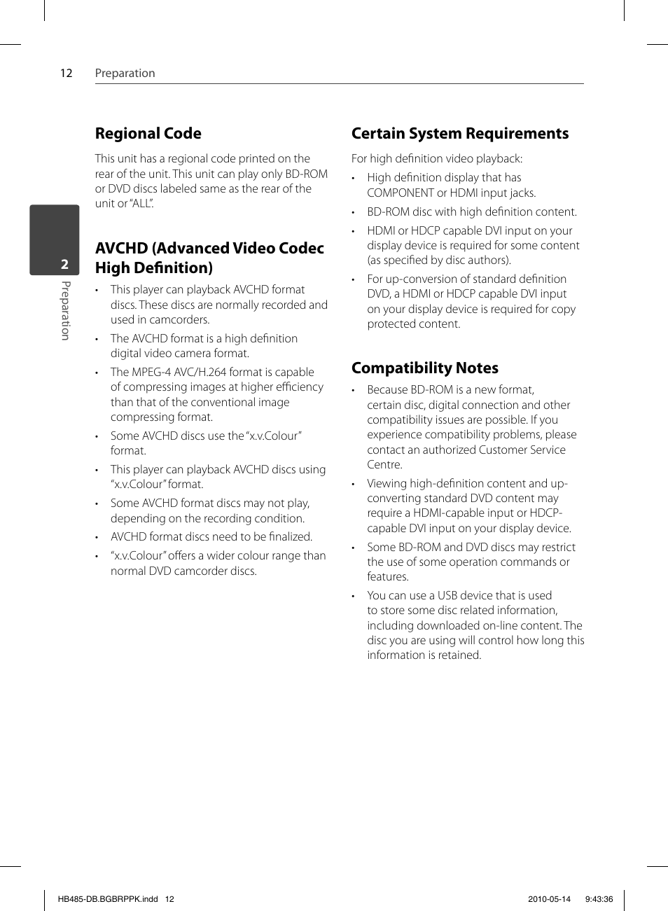 Regional code, Avchd (advanced video codec high defi nition), Certain system requirements | Pioneer BCS-FS505 User Manual | Page 12 / 76