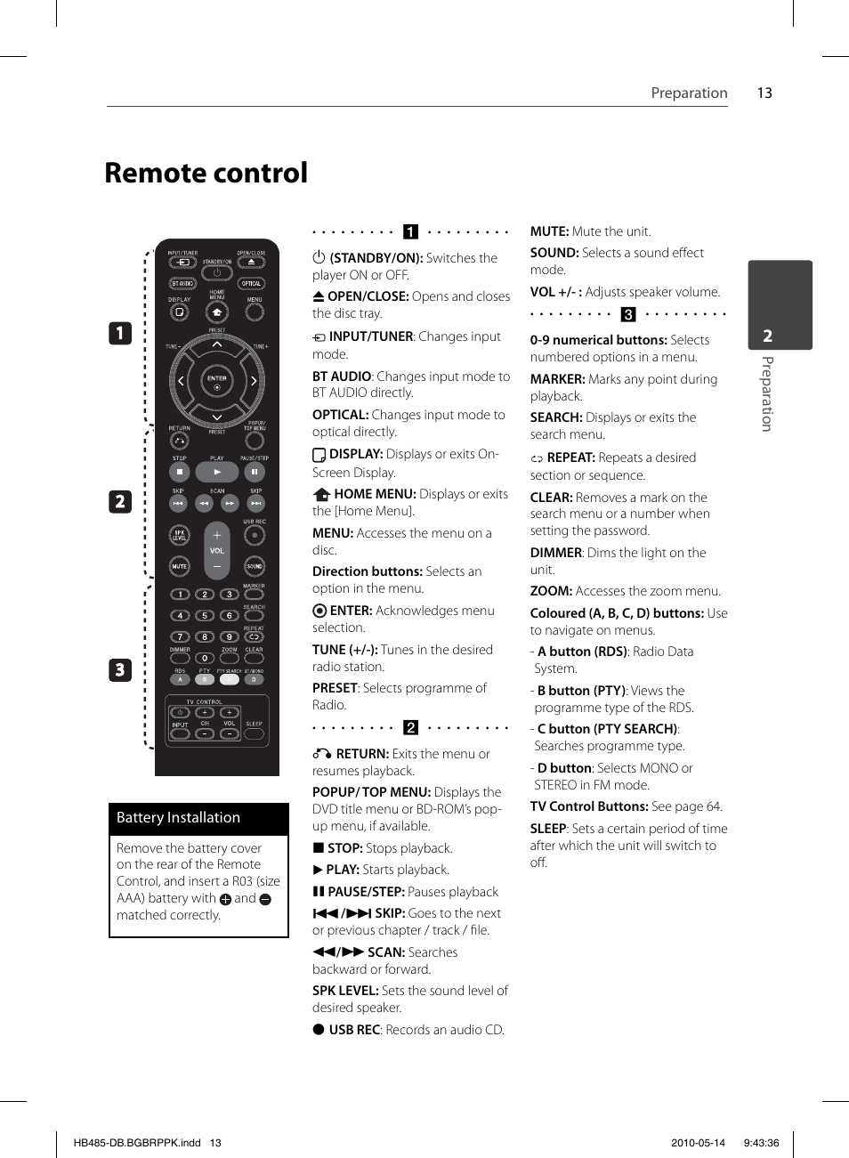 Remote control | Pioneer BCS-FS505 User Manual | Page 13 / 76