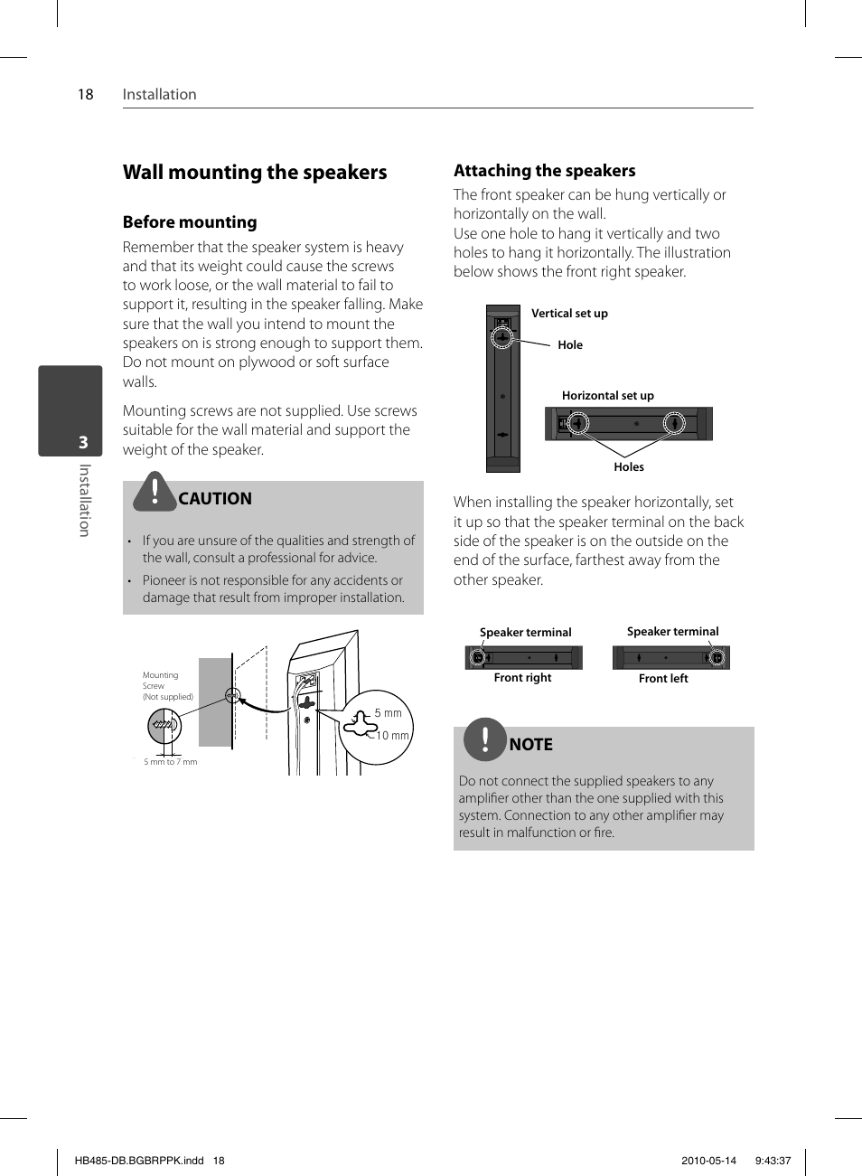 Wall mounting the speakers, Before mounting, Caution | Attaching the speakers, 18 installation installation | Pioneer BCS-FS505 User Manual | Page 18 / 76