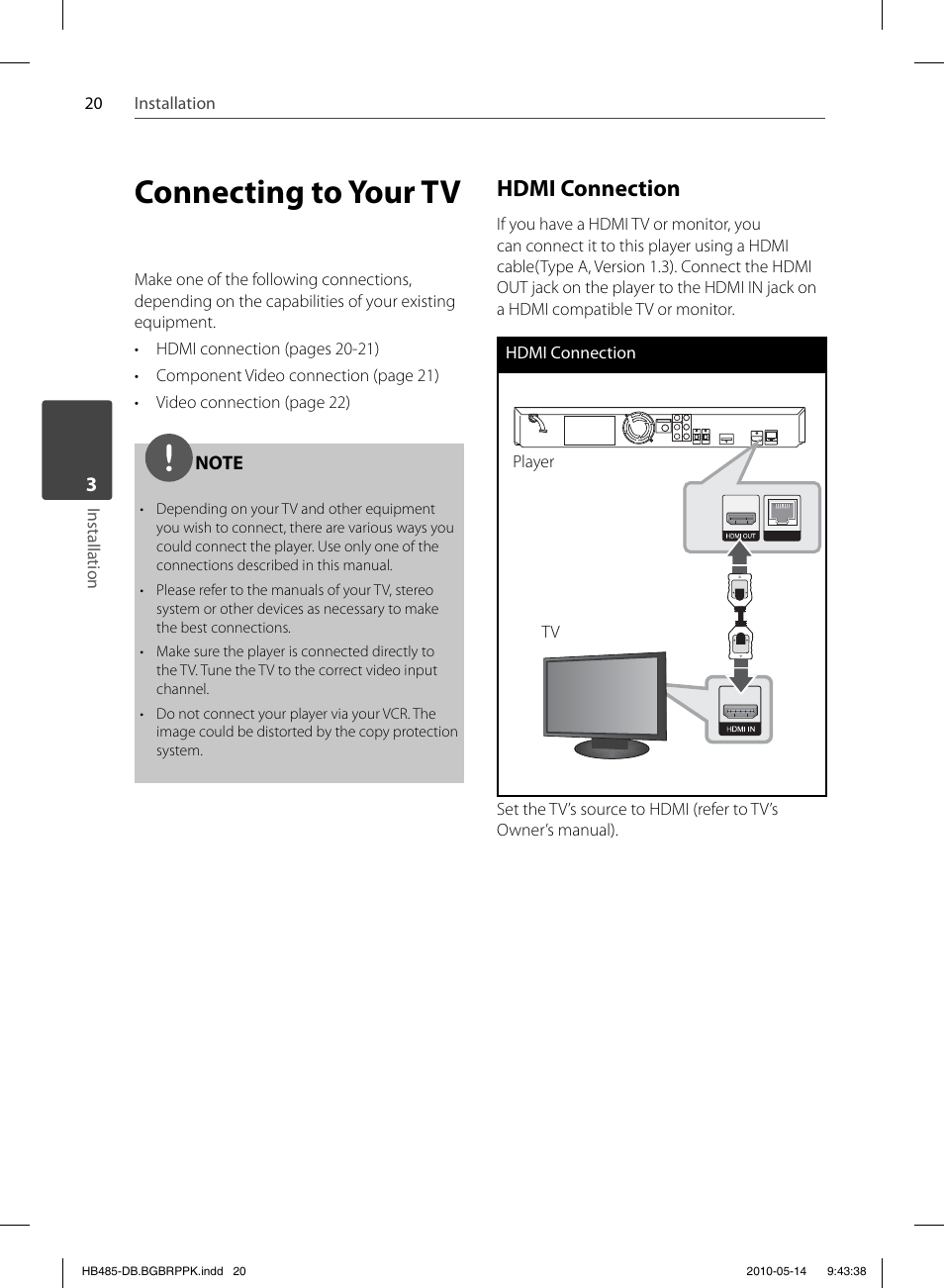 Connecting to your tv, Hdmi connection | Pioneer BCS-FS505 User Manual | Page 20 / 76