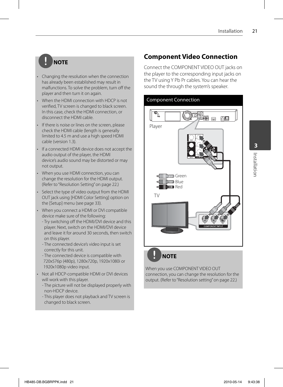 Component video connection, 21 installation, Installation | Player | Pioneer BCS-FS505 User Manual | Page 21 / 76