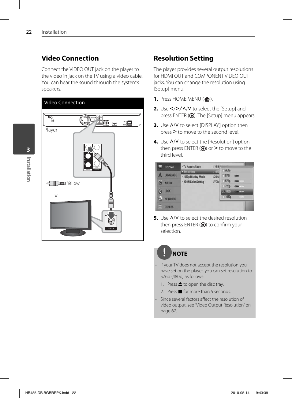 Video connection, Resolution setting | Pioneer BCS-FS505 User Manual | Page 22 / 76