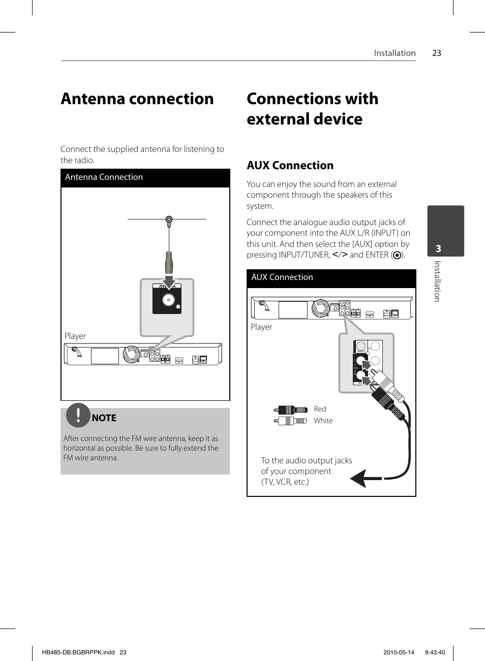 Antenna connection, Connections with external device, Aux connection | 23 installation, Installation, Player | Pioneer BCS-FS505 User Manual | Page 23 / 76