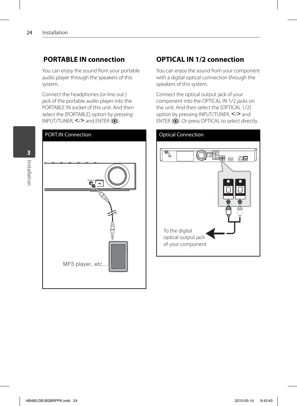 Portable in connection, Optical in 1/2 connection | Pioneer BCS-FS505 User Manual | Page 24 / 76