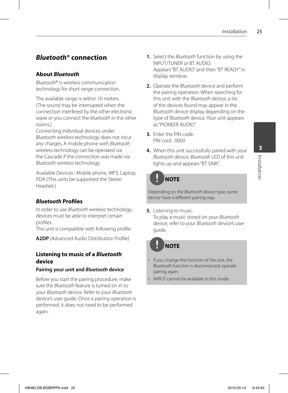 Bluetooth ® connection | Pioneer BCS-FS505 User Manual | Page 25 / 76