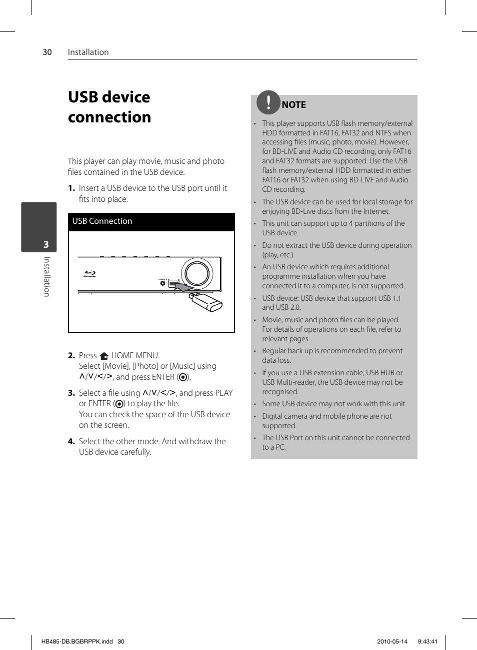 Usb device connection | Pioneer BCS-FS505 User Manual | Page 30 / 76