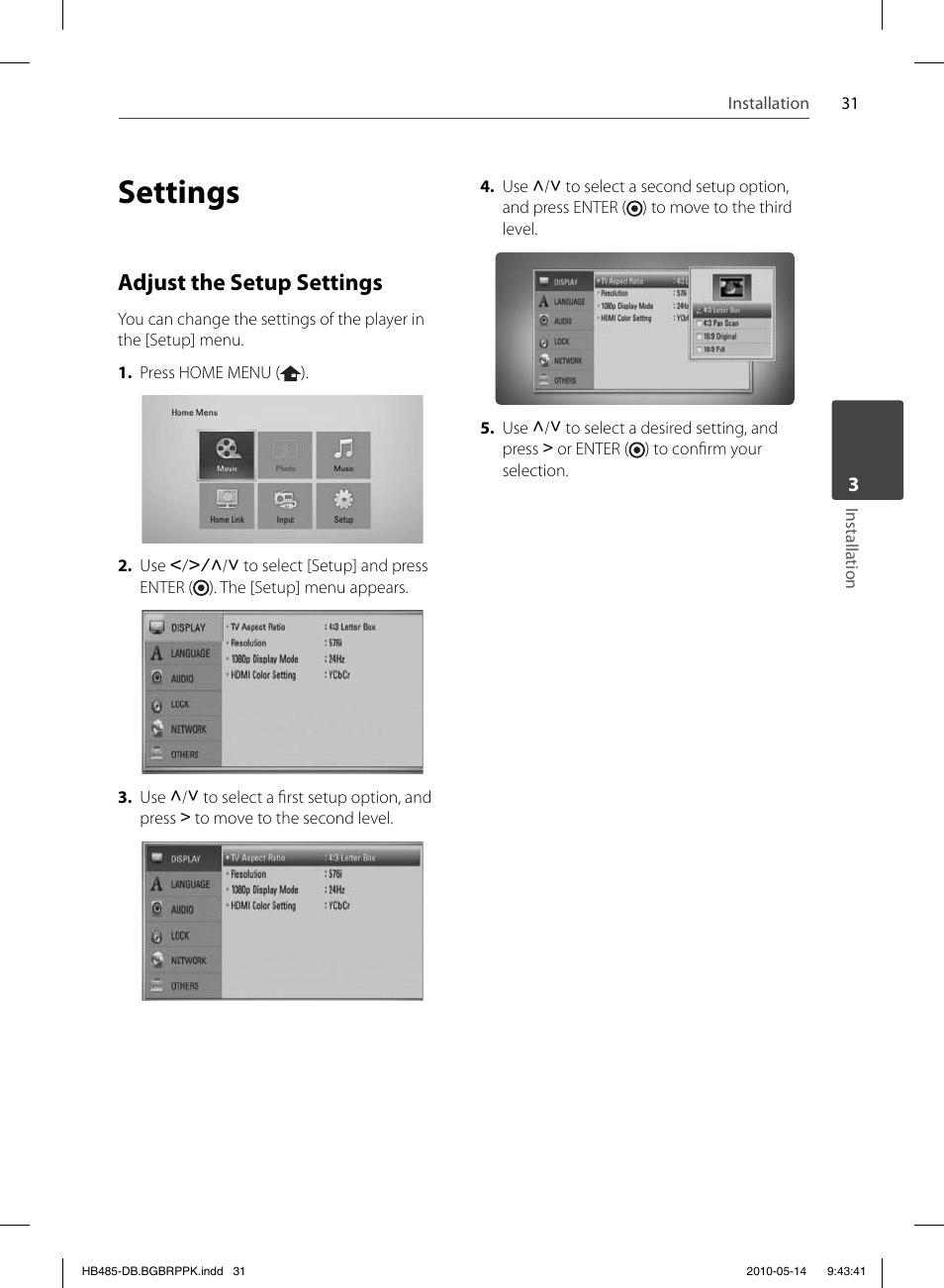 Settings, Adjust the setup settings | Pioneer BCS-FS505 User Manual | Page 31 / 76