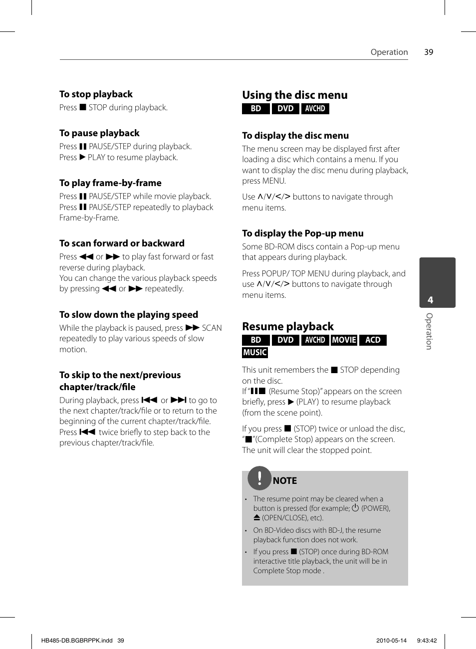 Using the disc menu, Resume playback | Pioneer BCS-FS505 User Manual | Page 39 / 76