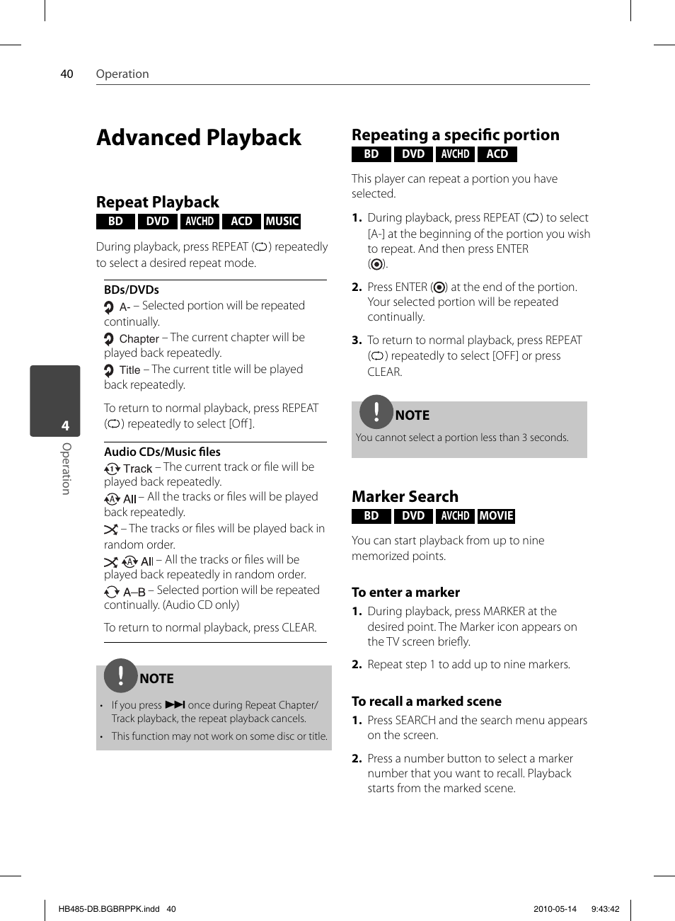 Advanced playback, Repeat playback, Repeating a specifi c portion | Marker search | Pioneer BCS-FS505 User Manual | Page 40 / 76