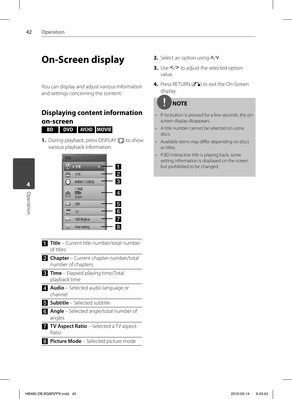 On-screen display, Displaying content information on-screen | Pioneer BCS-FS505 User Manual | Page 42 / 76