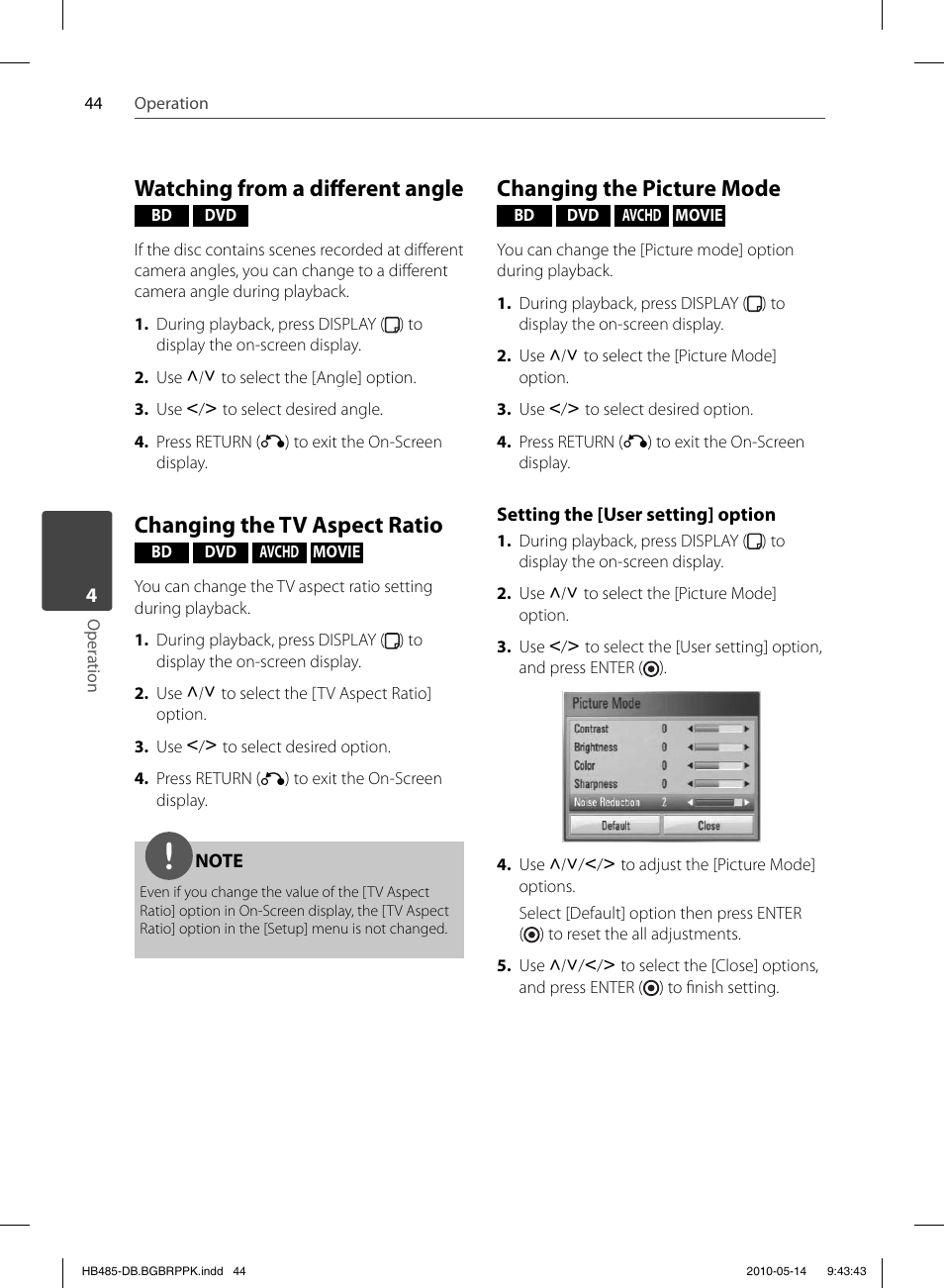 Watching from a diff erent angle, Changing the tv aspect ratio, Changing the picture mode | Pioneer BCS-FS505 User Manual | Page 44 / 76