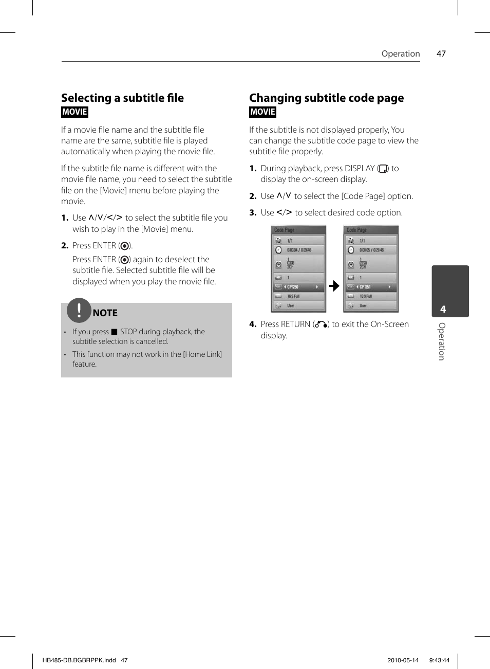 Selecting a subtitle fi le, Changing subtitle code page | Pioneer BCS-FS505 User Manual | Page 47 / 76