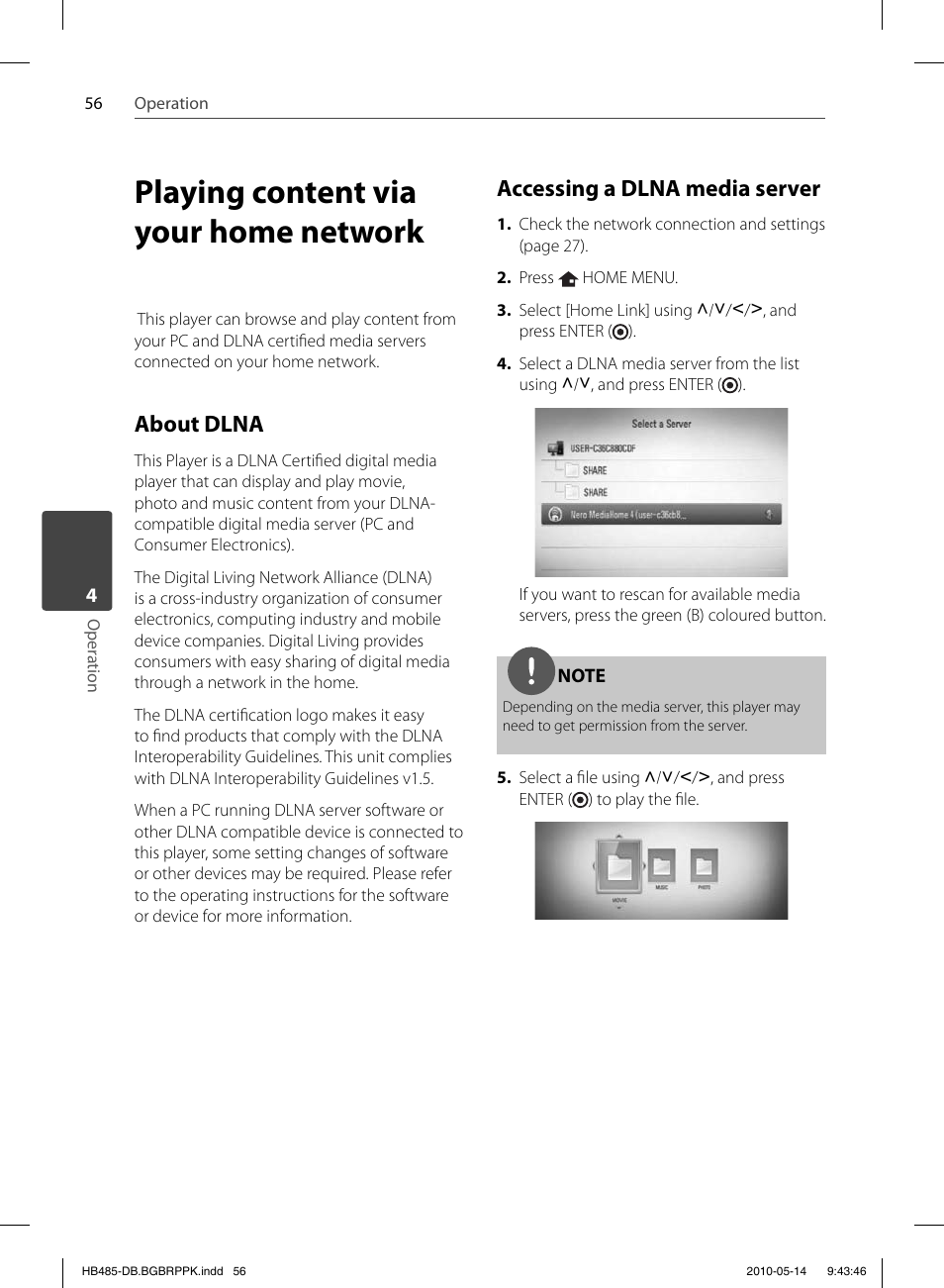 Playing content via your home network, About dlna, Accessing a dlna media server | Pioneer BCS-FS505 User Manual | Page 56 / 76