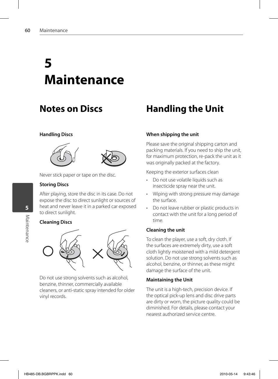 5 maintenance, Handling the unit | Pioneer BCS-FS505 User Manual | Page 60 / 76